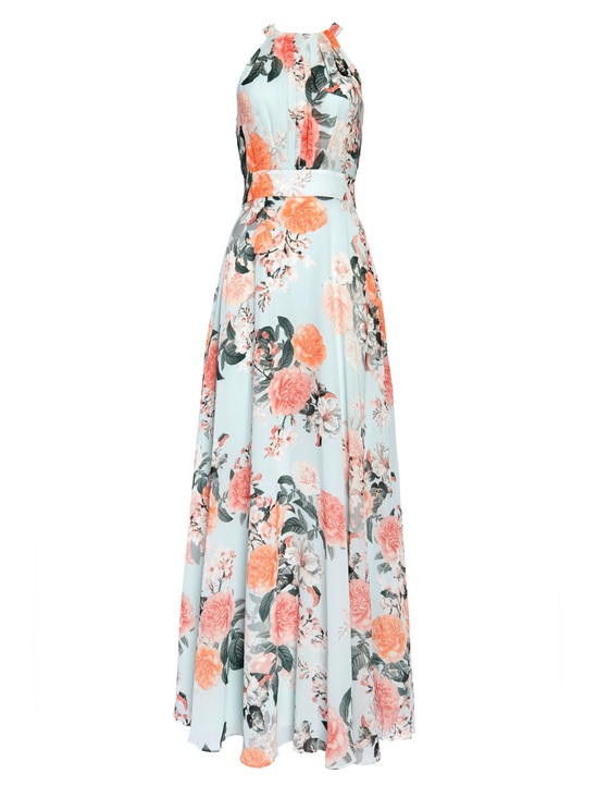 Eliza J Dresses & Skirts - Eliza J Floral Halter Gown Maxi Dress Tie Neck Boho Preppy Wedding Blue Size 6
